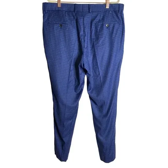 Hugo Boss Suit Pants Slim-Fit 100% Virgin Wool Blue Windowpane Plaid Size 42R US Men